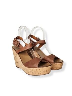 J. Crew Brown Leather Strappy Open Toe Cork Platform Wedge Sandals Size 9